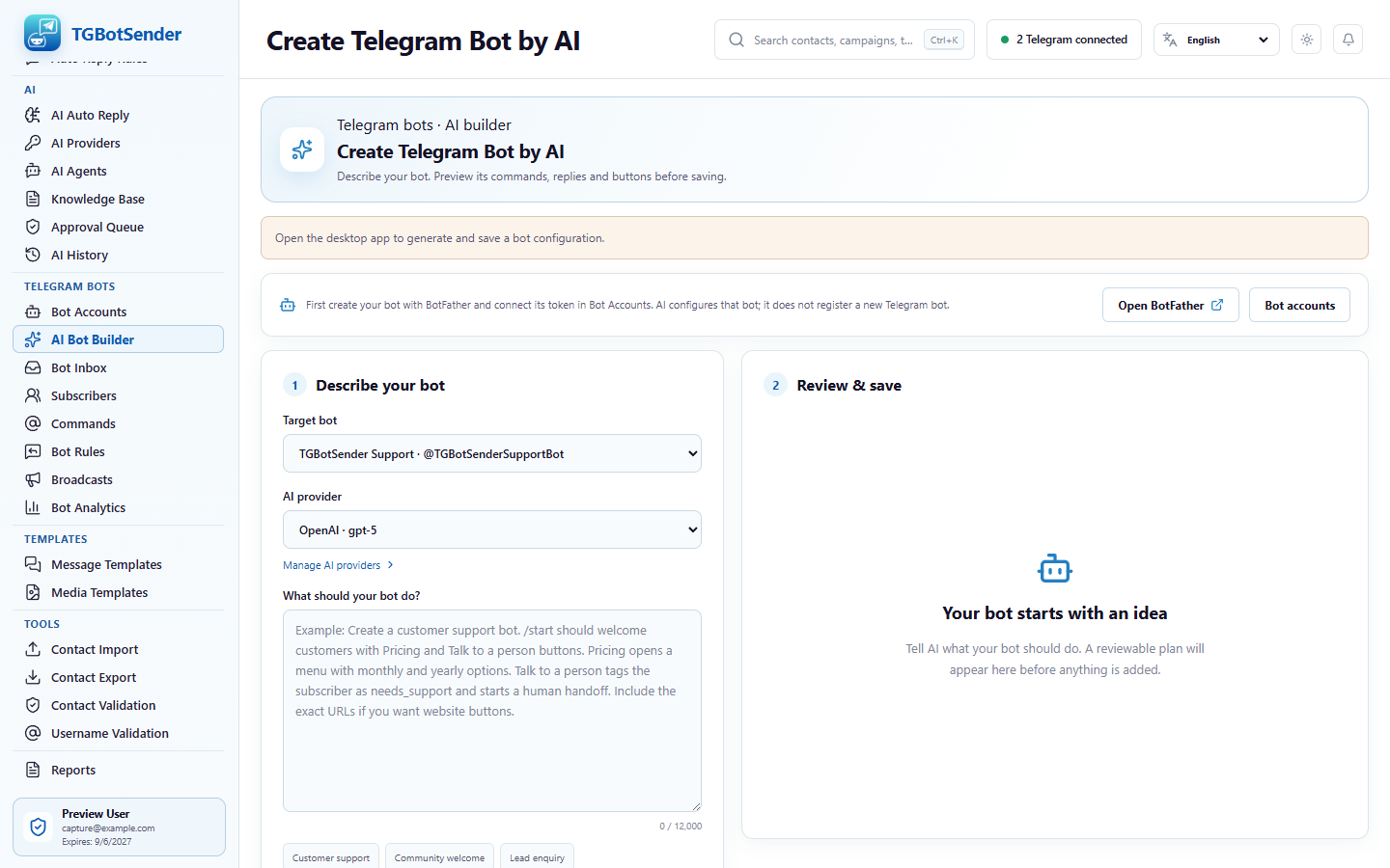 TGBotSender AI Telegram Bot Builder