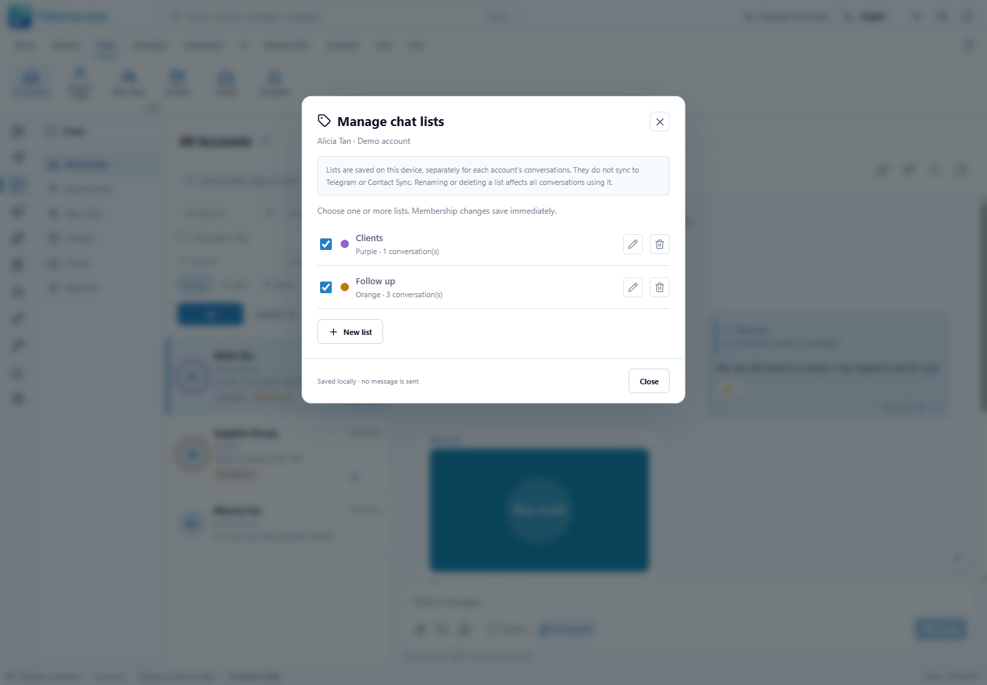 Manage chat lists dialog for Alicia Tan on Demo account with Clients and Follow up checked, colored labels, conversation counts, edit and delete controls, New list and Close buttons