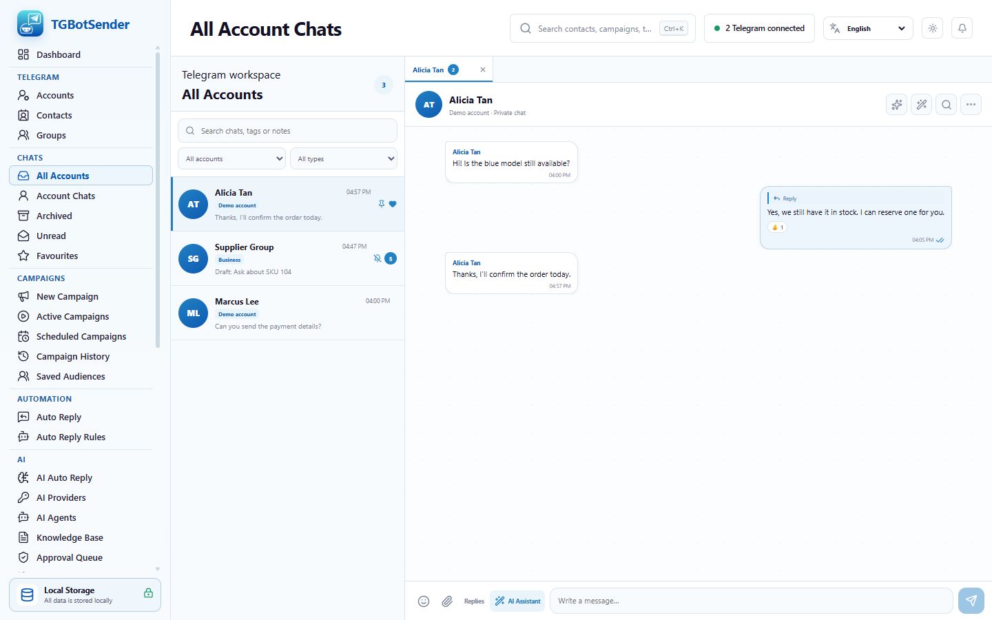 Current TGBotSender all-account chat workspace