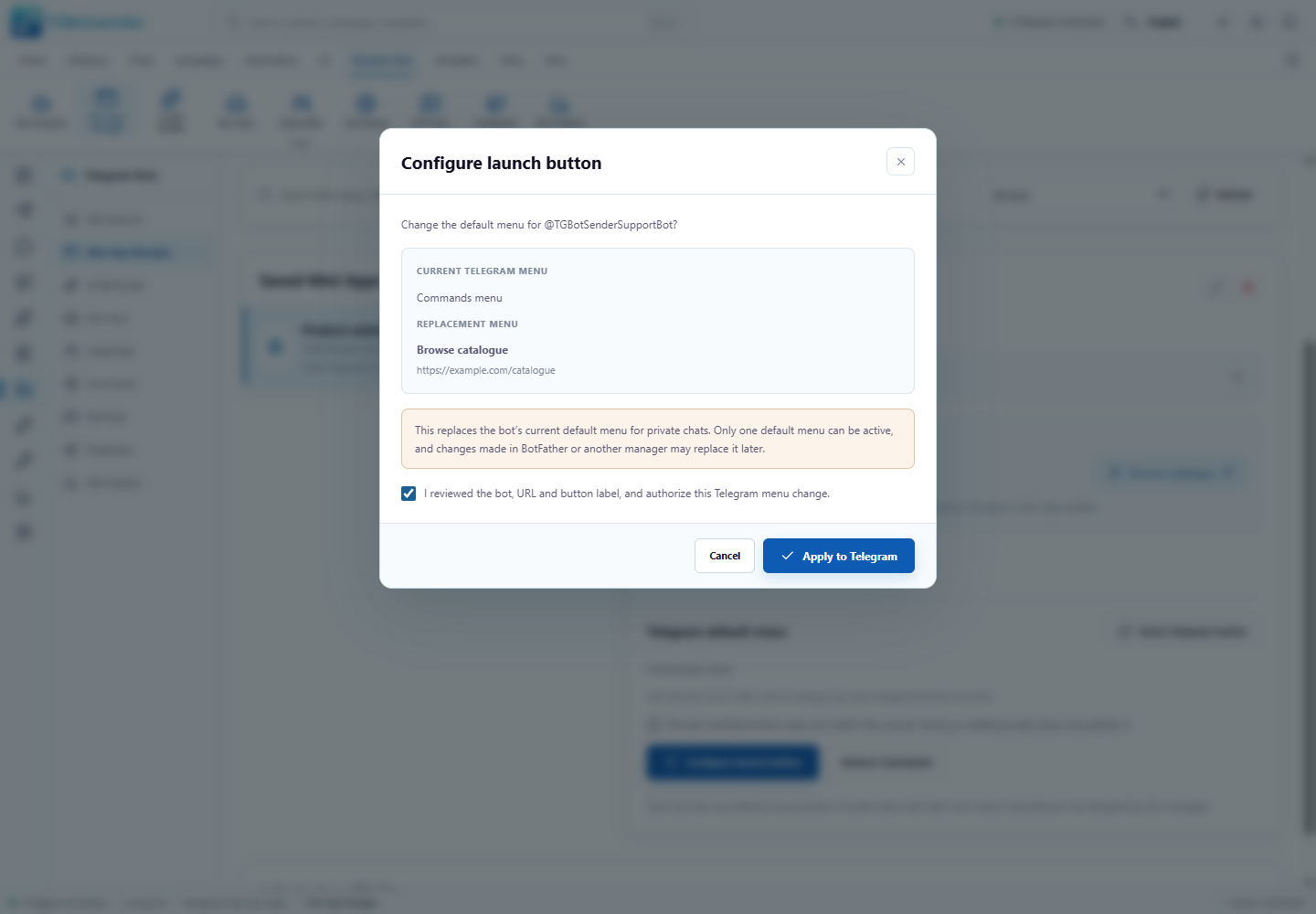 Configure launch button dialog comparing the current Commands menu with a Browse catalogue Mini App button, with an authorization checkbox and Apply to Telegram button
