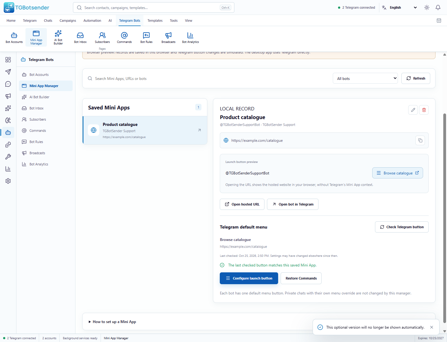 Mini App Manager showing a saved Product catalogue record, assigned bot, hosted URL, launch button preview, Check Telegram button, Configure launch button, and Restore Commands