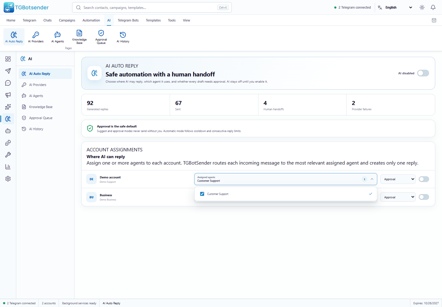 Account agent assignments — current TGBotSender Office interface with sample data