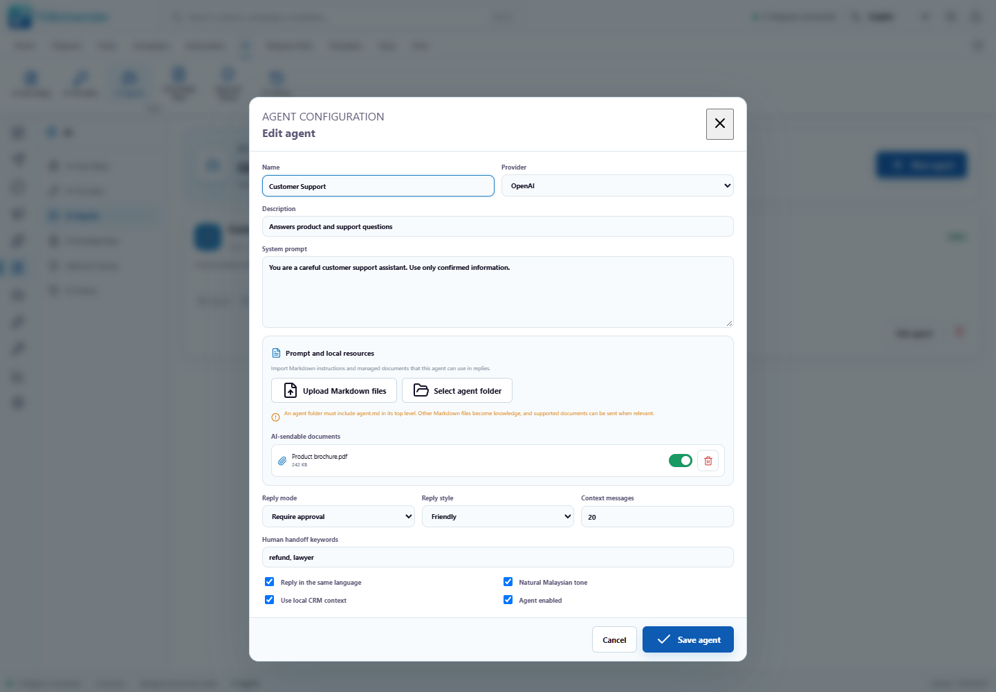 Agent instructions and resources — current TGBotSender Office interface with sample data