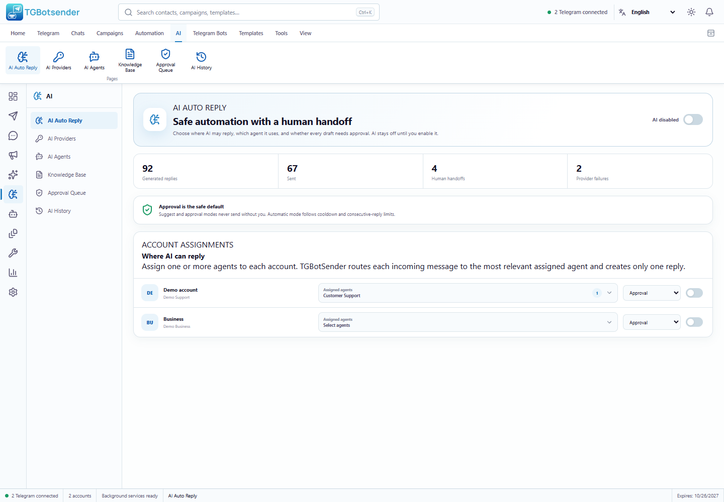 AI Auto Reply — current TGBotSender Office interface with sample data