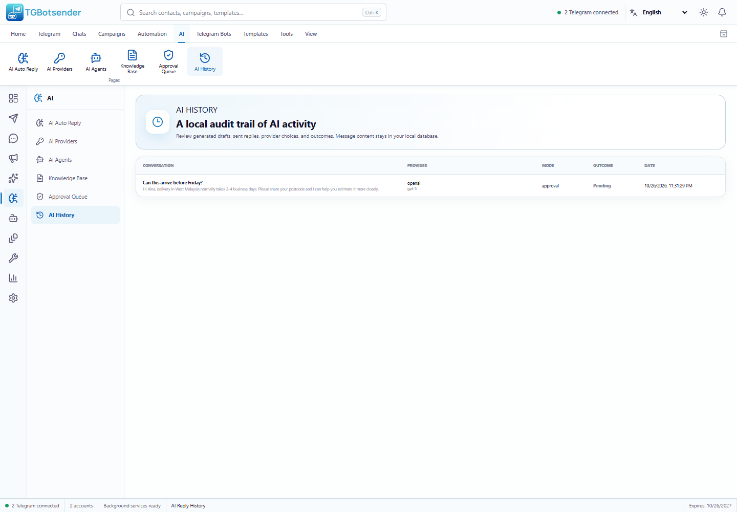 AI history — current TGBotSender Office interface with sample data