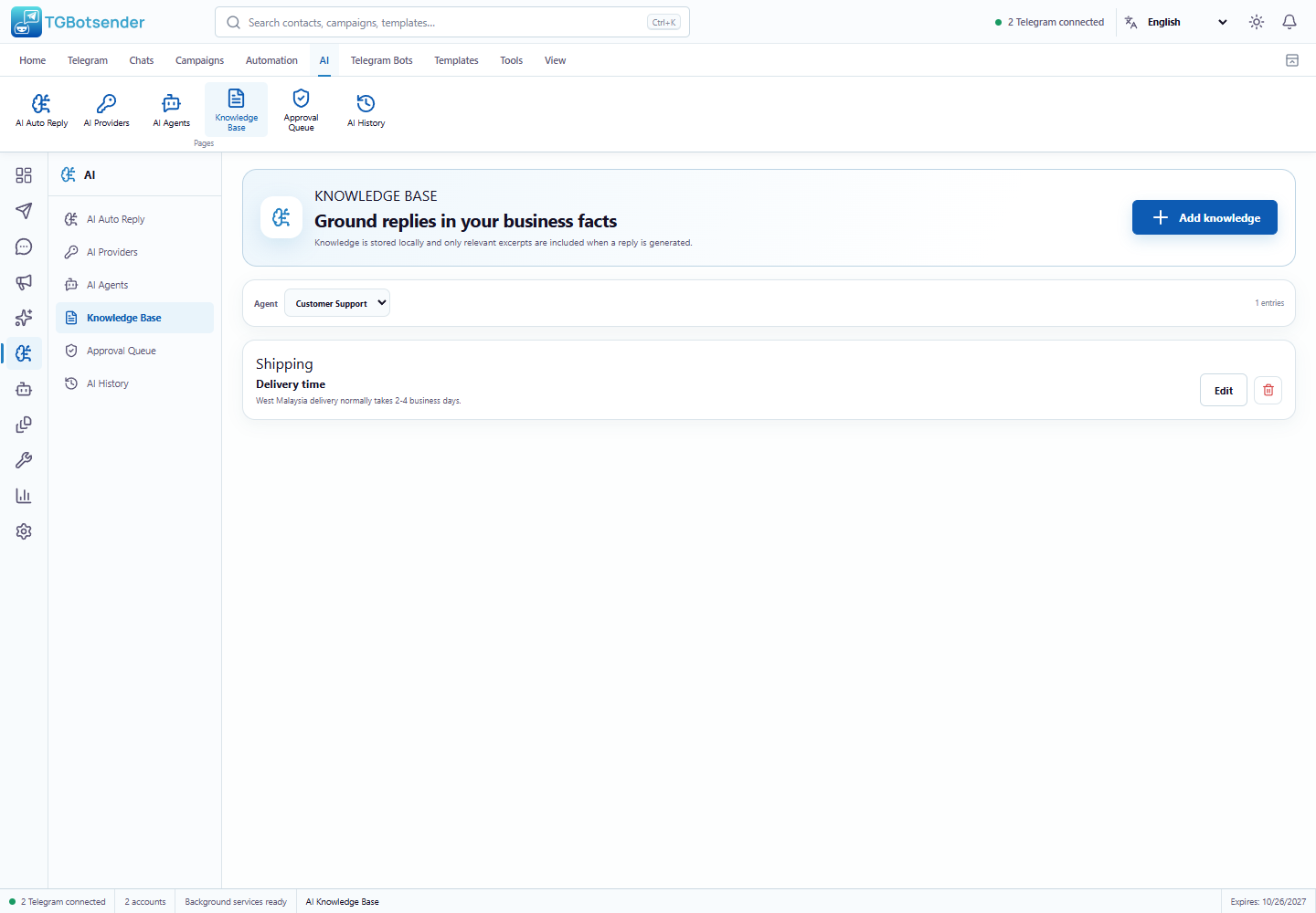 Knowledge base — current TGBotSender Office interface with sample data