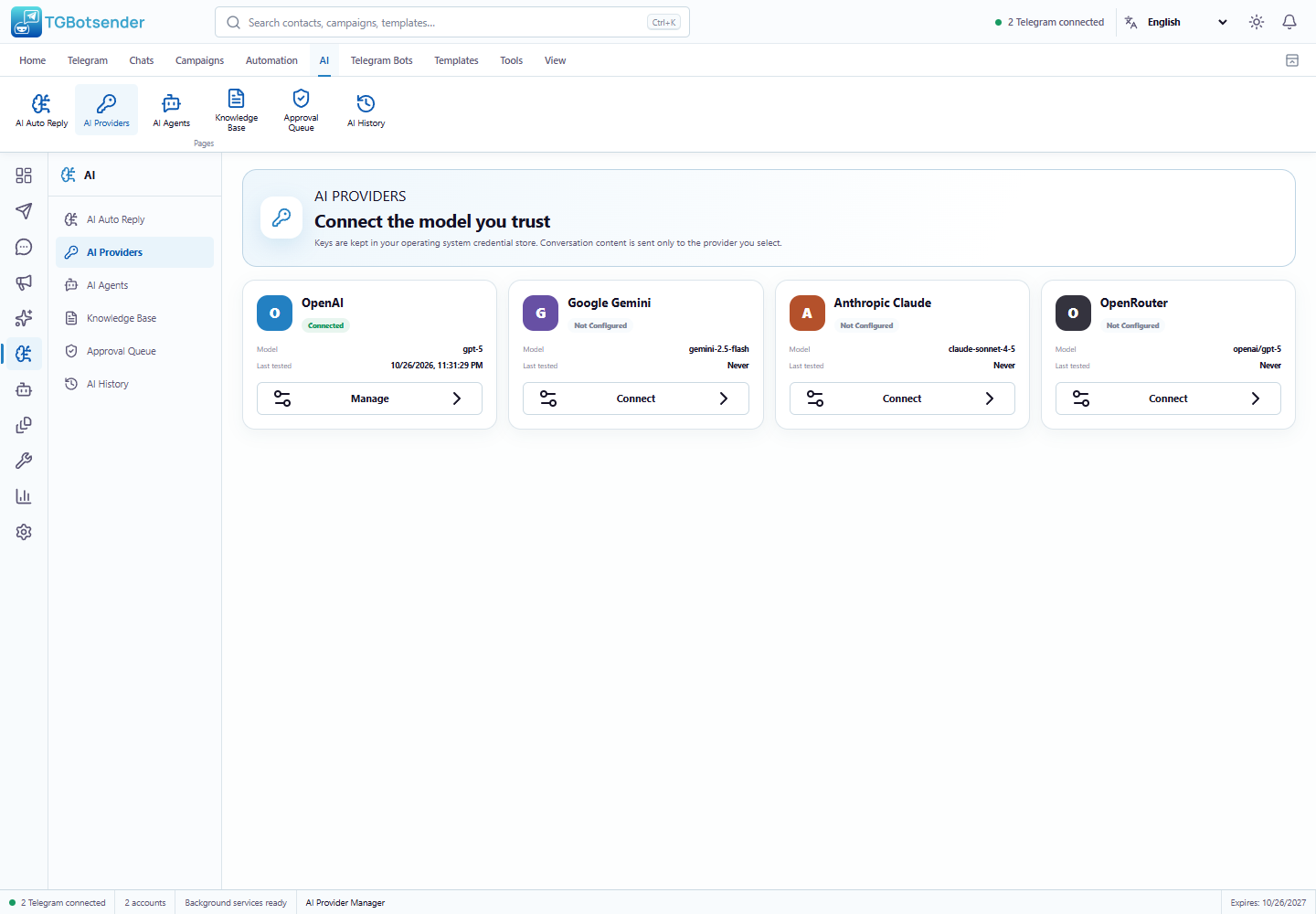 AI providers — current TGBotSender Office interface with sample data