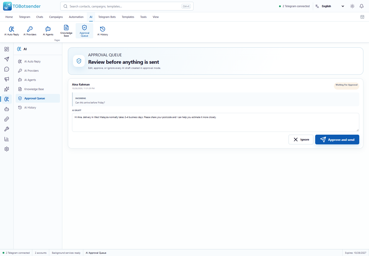 Approval queue — current TGBotSender Office interface with sample data
