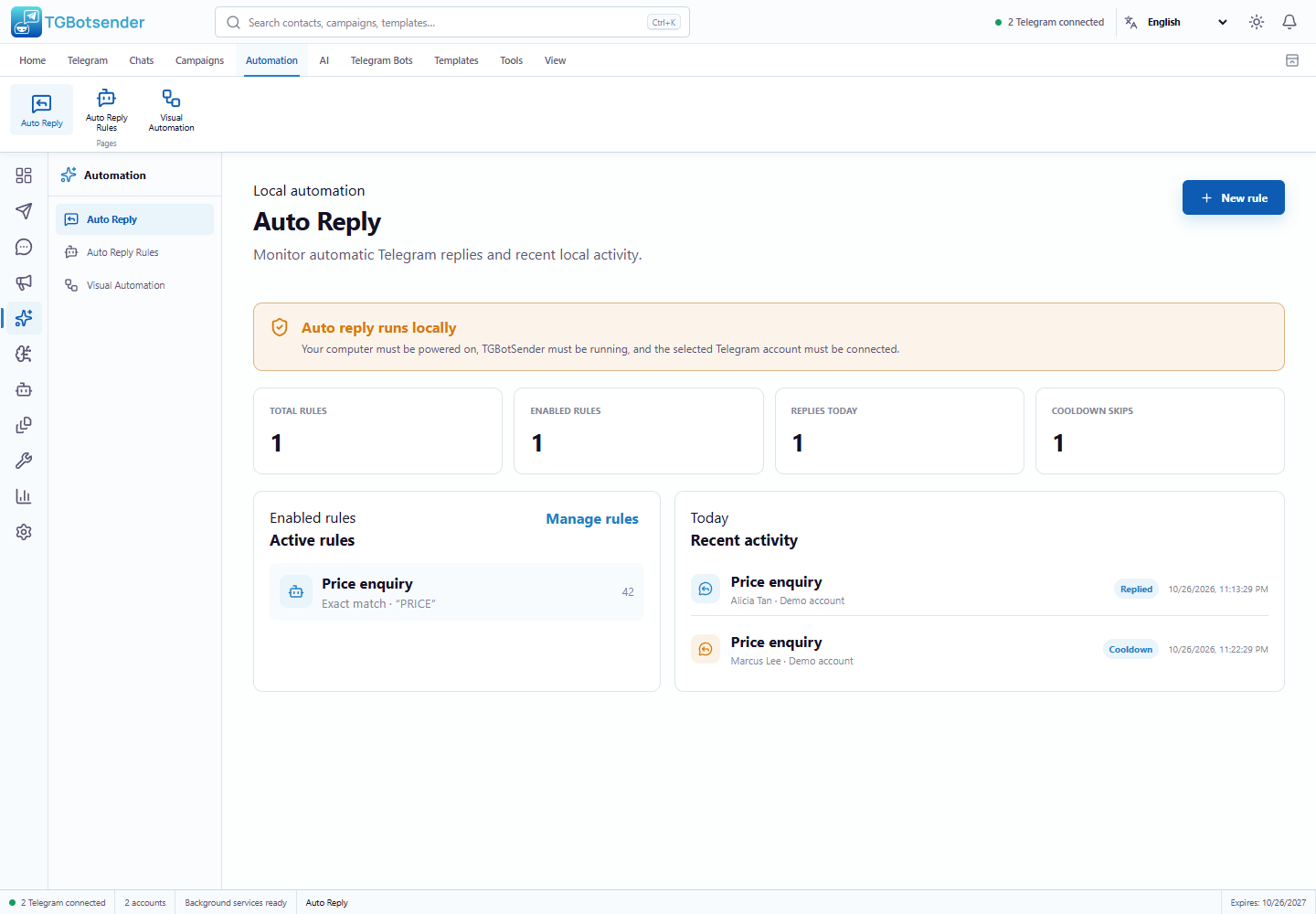 Auto Reply overview — current TGBotSender Office interface with sample data