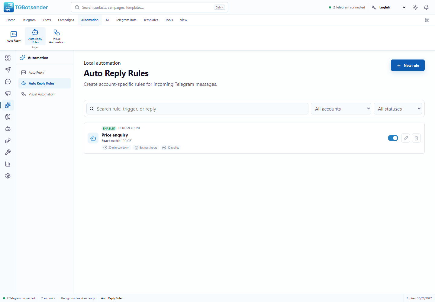 Auto Reply rules — current TGBotSender Office interface with sample data