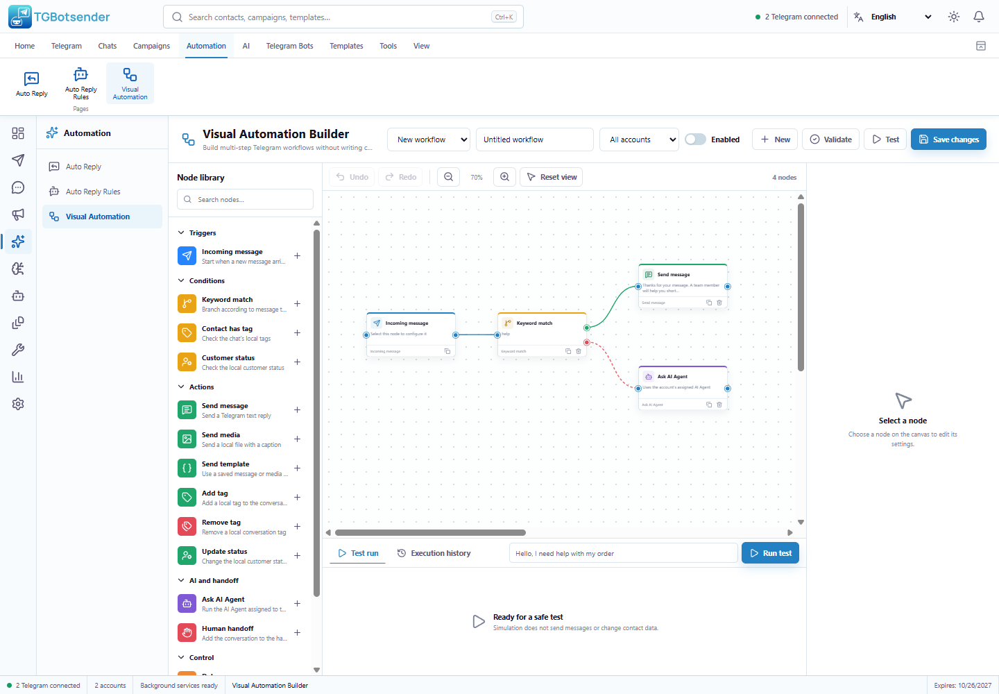 Visual Automation Builder — current TGBotSender Office interface with sample data