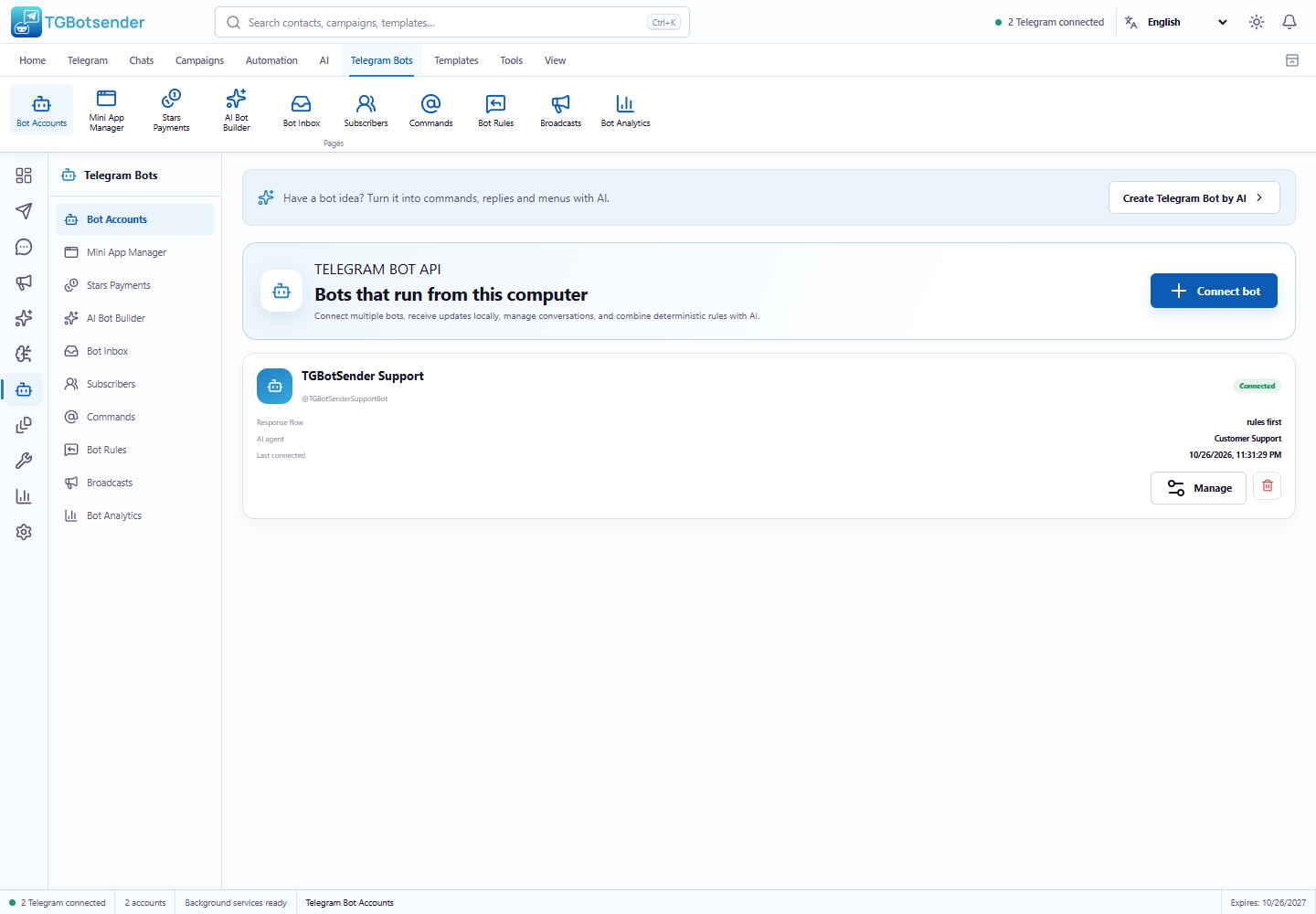 Bot accounts — current TGBotSender Office interface with sample data