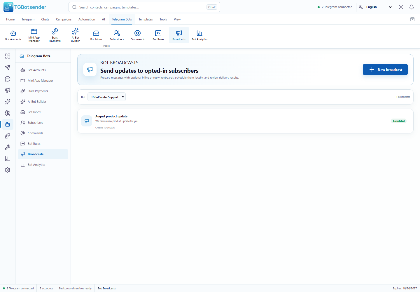 Bot broadcasts — current TGBotSender Office interface with sample data