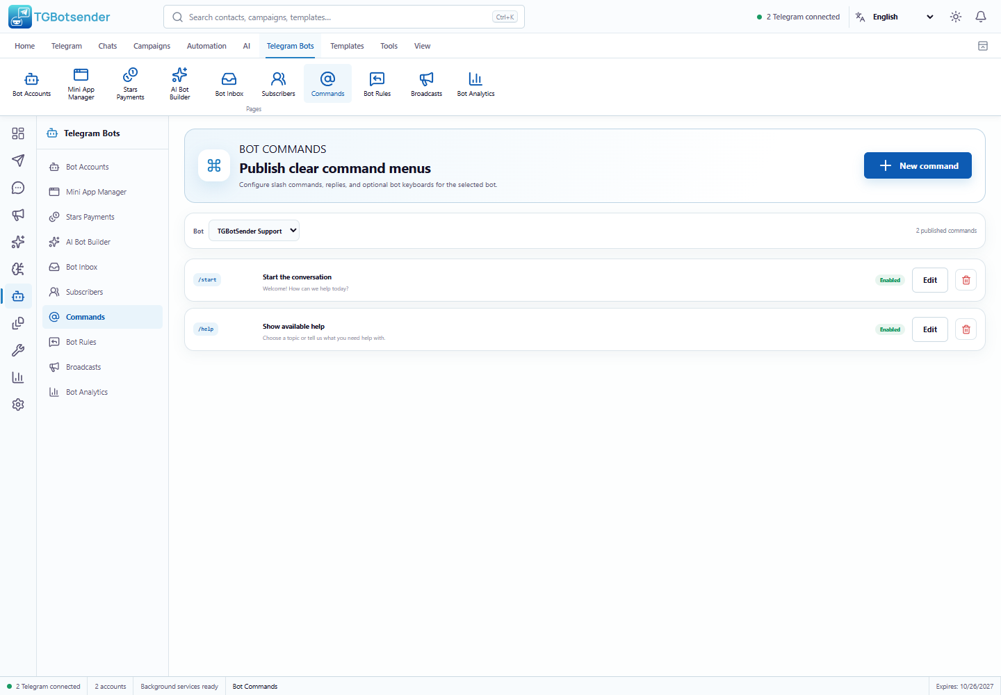 Bot commands — current TGBotSender Office interface with sample data
