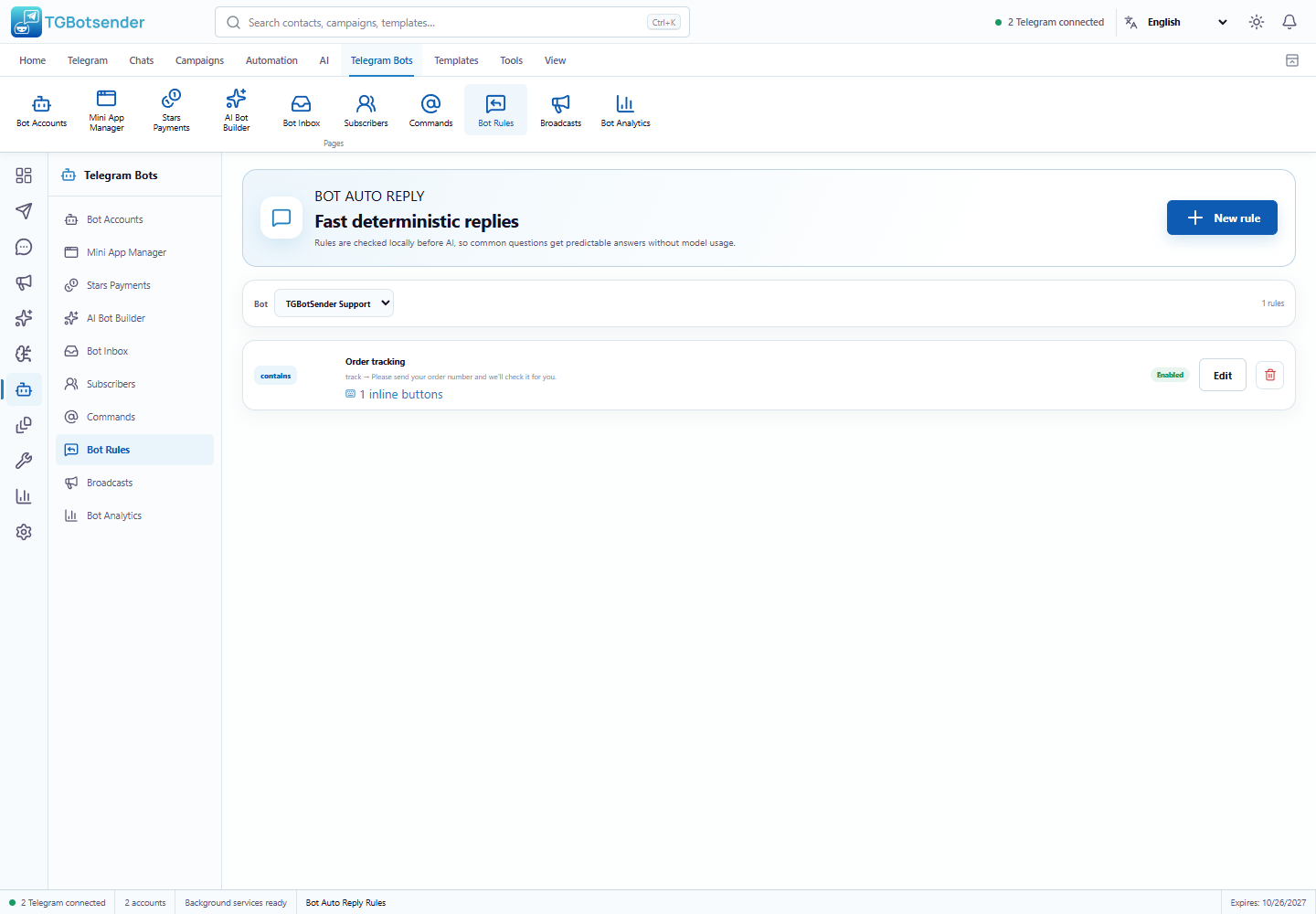 Bot rules — current TGBotSender Office interface with sample data