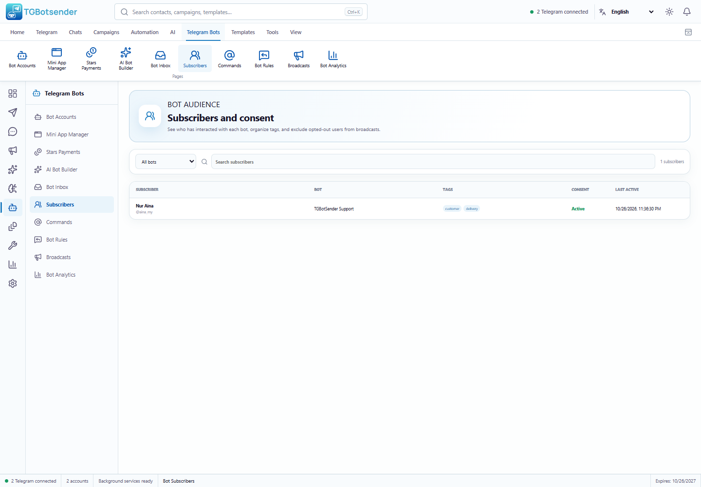 Bot subscribers — current TGBotSender Office interface with sample data