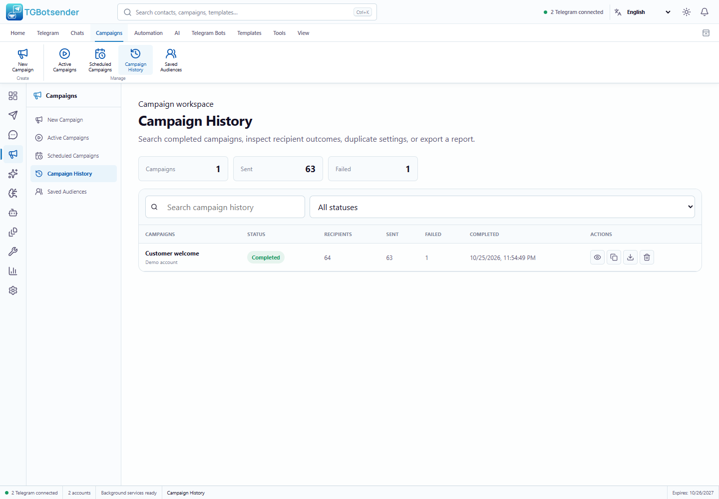 Campaign history — current TGBotSender Office interface with sample data