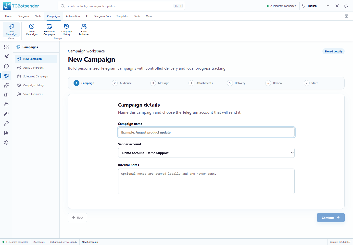 New campaign — current TGBotSender Office interface with sample data