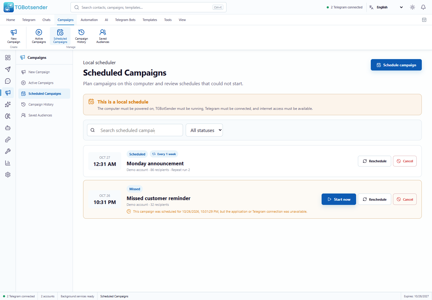 Scheduled campaigns — current TGBotSender Office interface with sample data