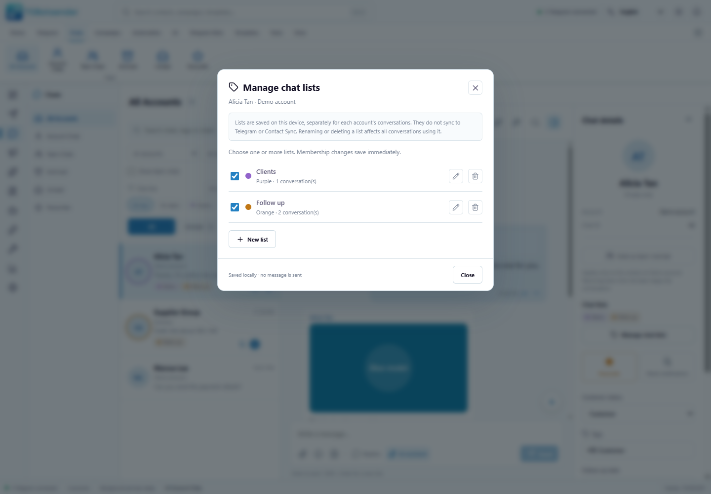 Chat list assignment — current TGBotSender Office interface with sample data
