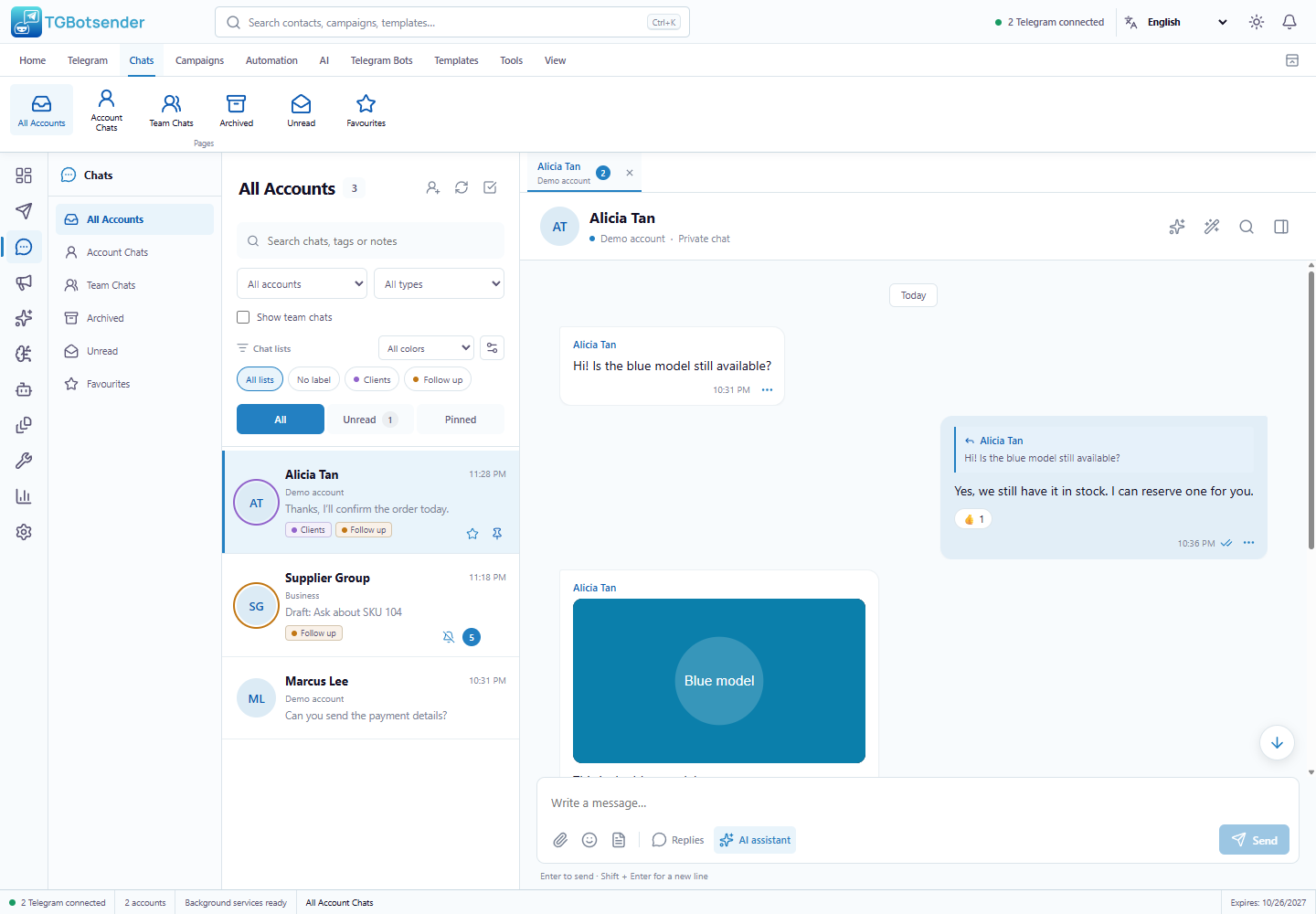 All-account chats — current TGBotSender Office interface with sample data