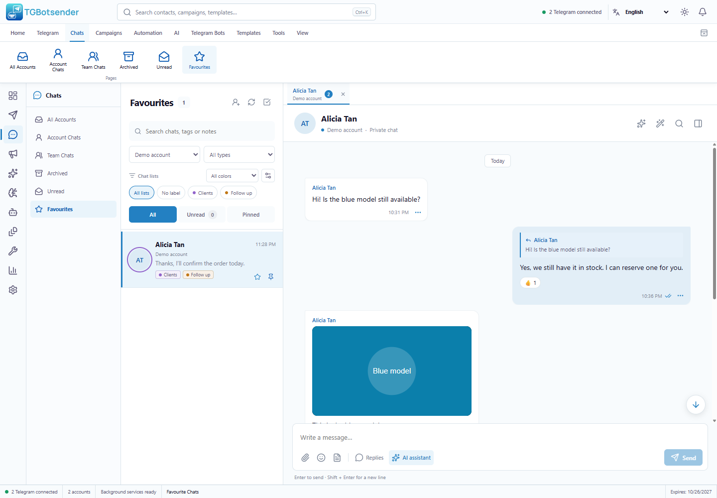 Favourite chats — current TGBotSender Office interface with sample data