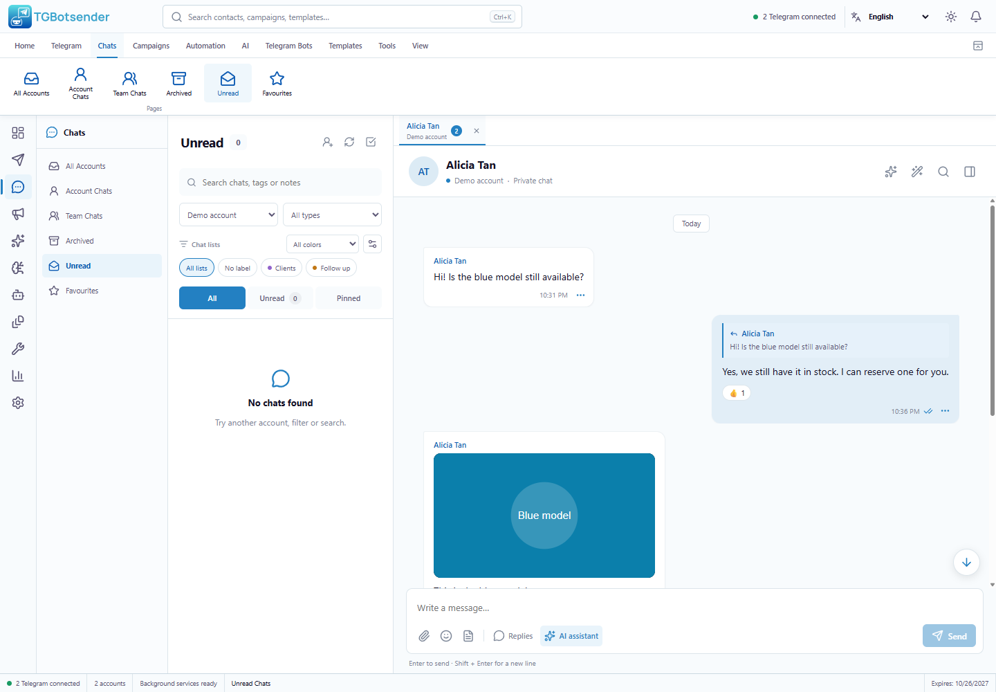 Unread chats — current TGBotSender Office interface with sample data