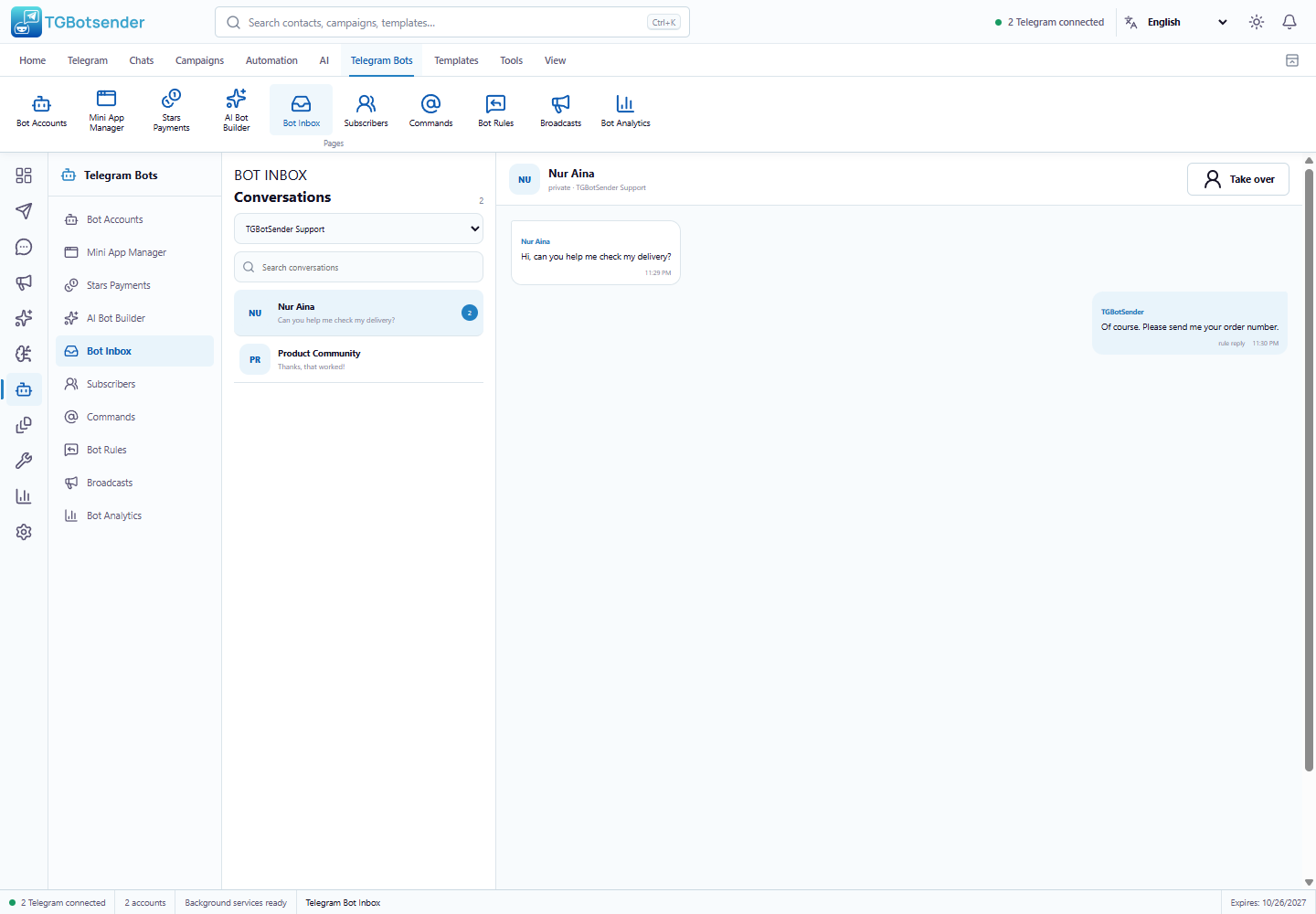 TGBotSender Telegram Bot Inbox for conversations, replies, and human takeover