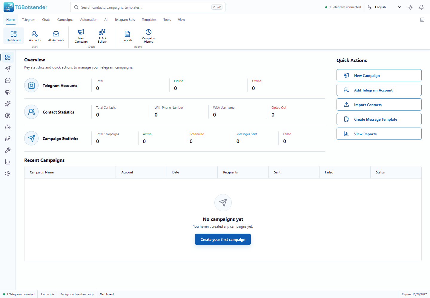 Dashboard — current TGBotSender Office interface with sample data