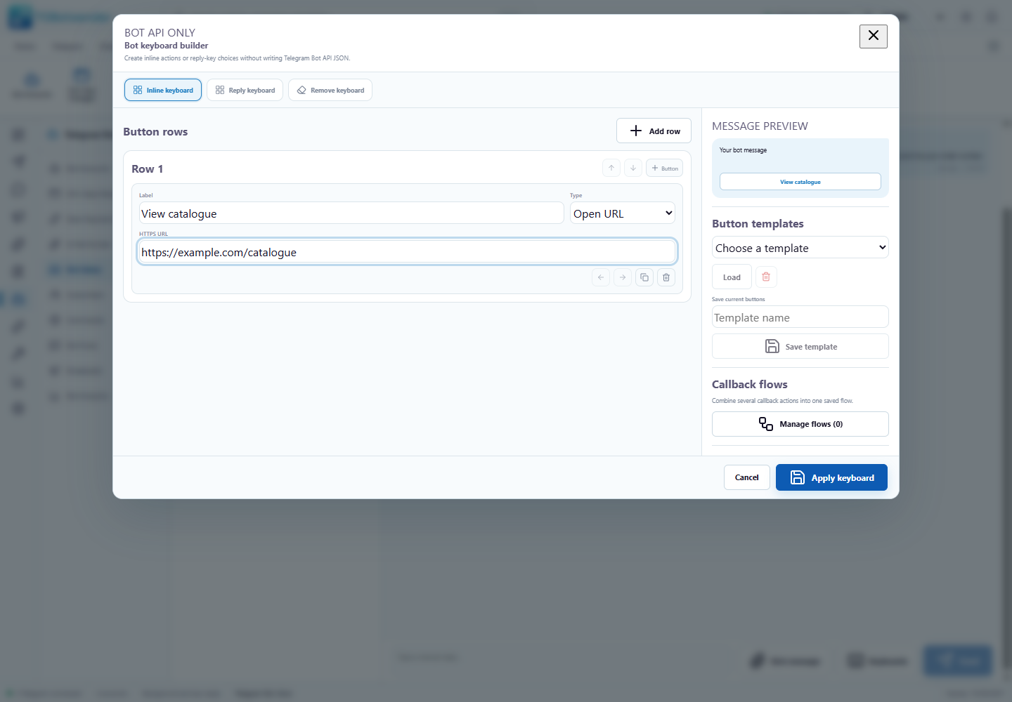 Inline Button Builder — current TGBotSender Office interface with sample data