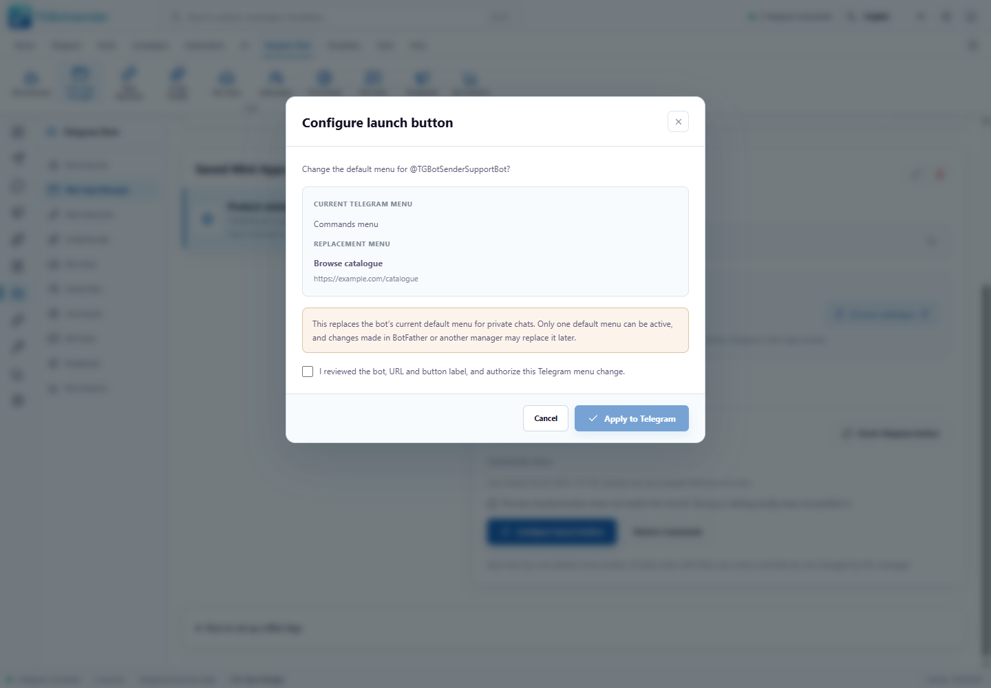 Mini App launch-button review — current TGBotSender Office interface with sample data