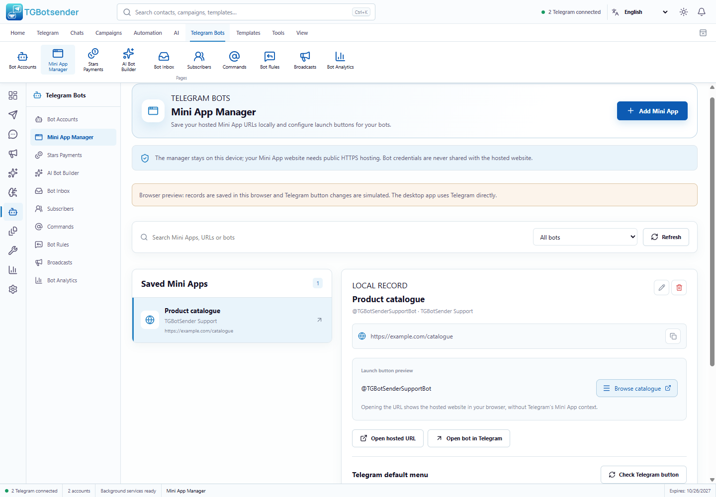Mini App Manager — current TGBotSender Office interface with sample data