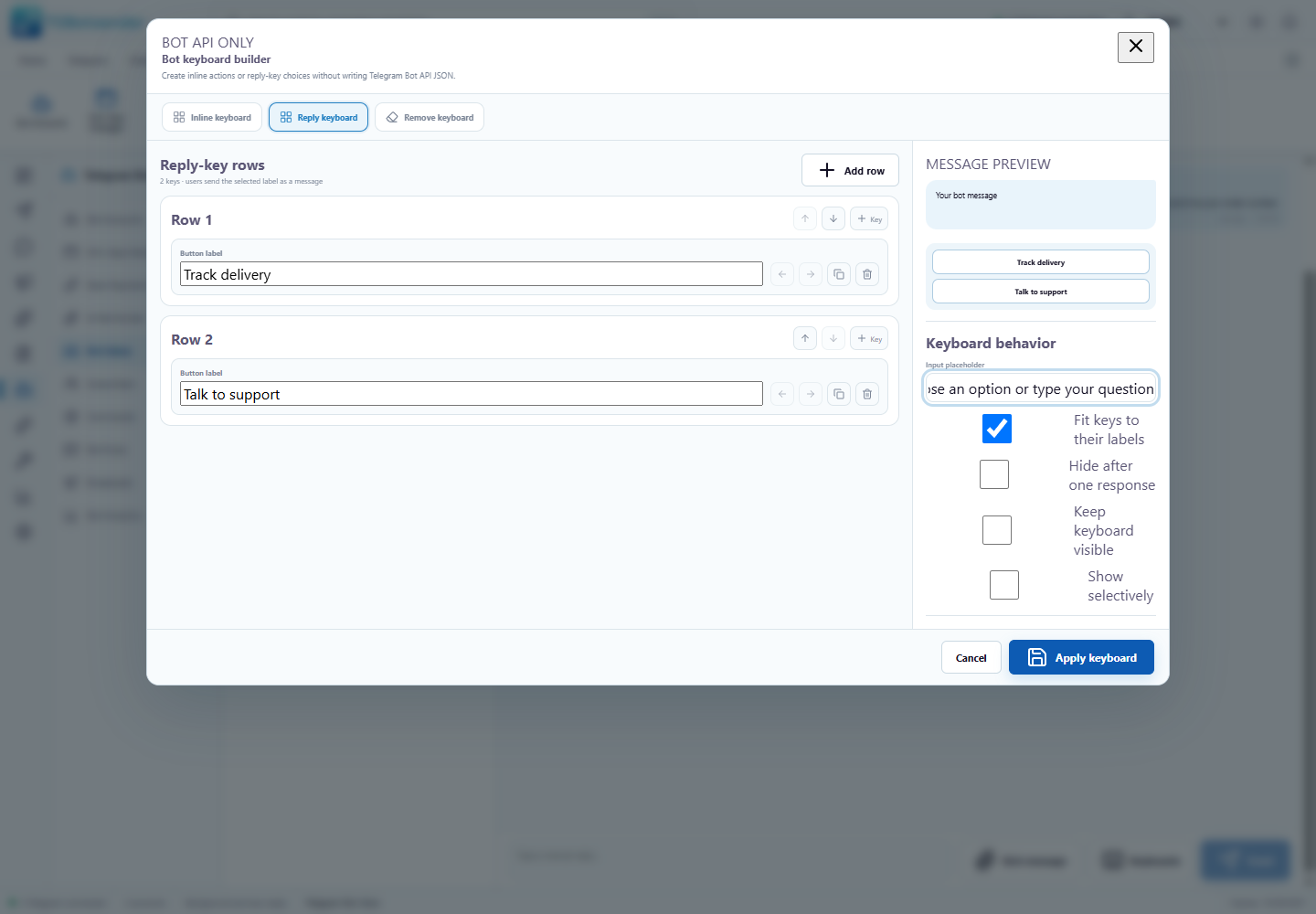 TGBotSender visual Telegram Bot reply keyboard builder