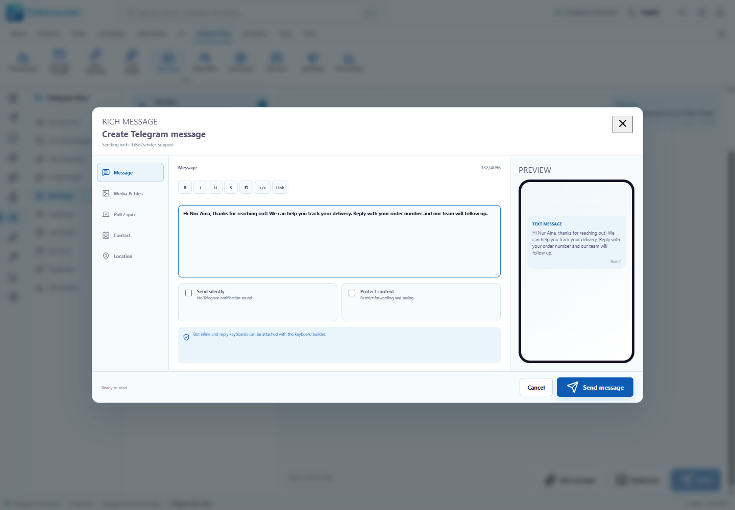 TGBotSender Rich Message Composer with formatting and sender-aware message options