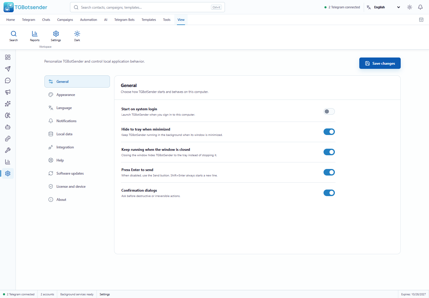 Settings — current TGBotSender Office interface with sample data