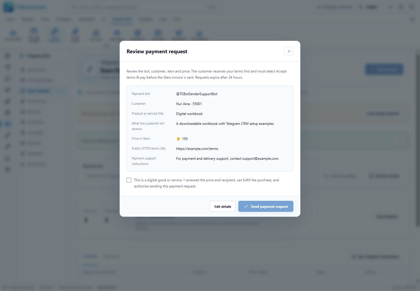 Stars invoice review — current TGBotSender Office interface with sample data