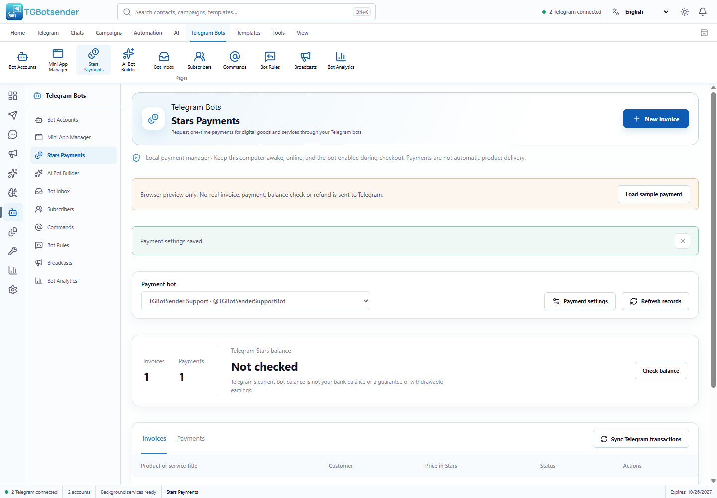 Telegram Stars Payments — current TGBotSender Office interface with sample data