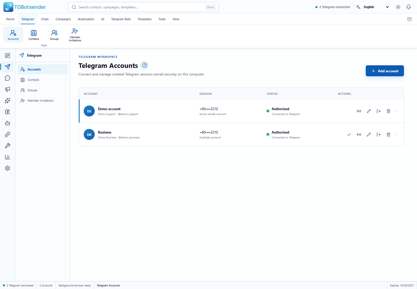 Telegram accounts — current TGBotSender Office interface with sample data