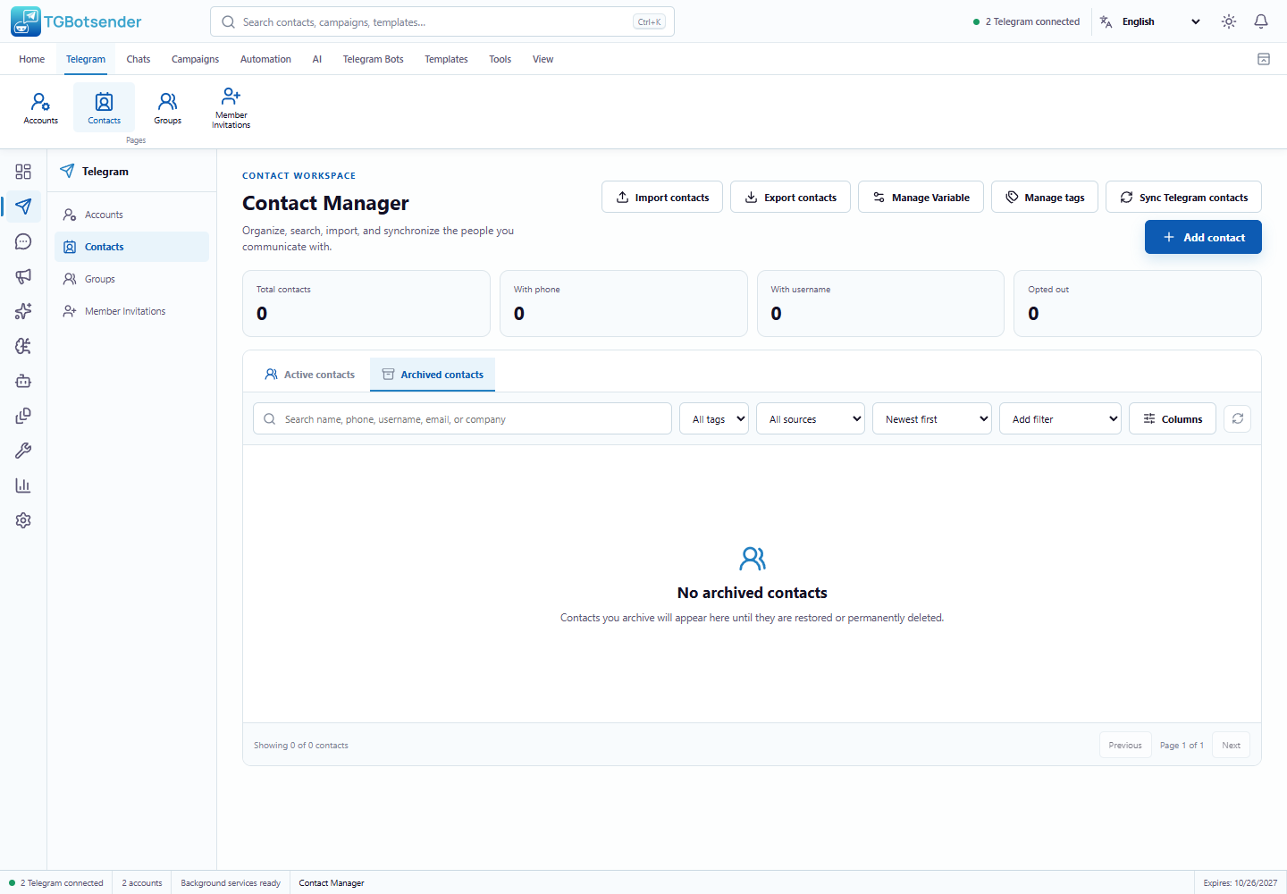 Archived contacts — current TGBotSender Office interface with sample data