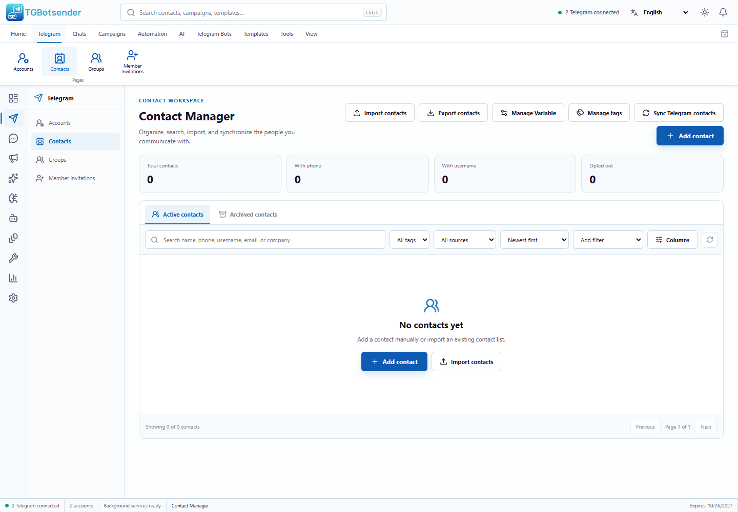 Contact manager — current TGBotSender Office interface with sample data
