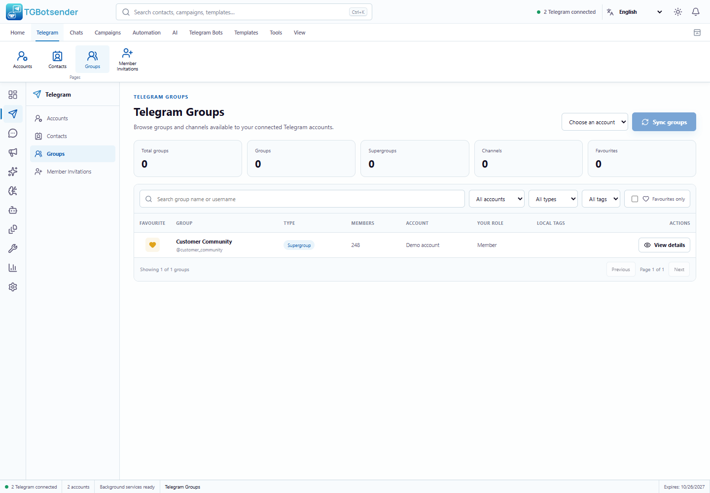 Groups and channels — current TGBotSender Office interface with sample data