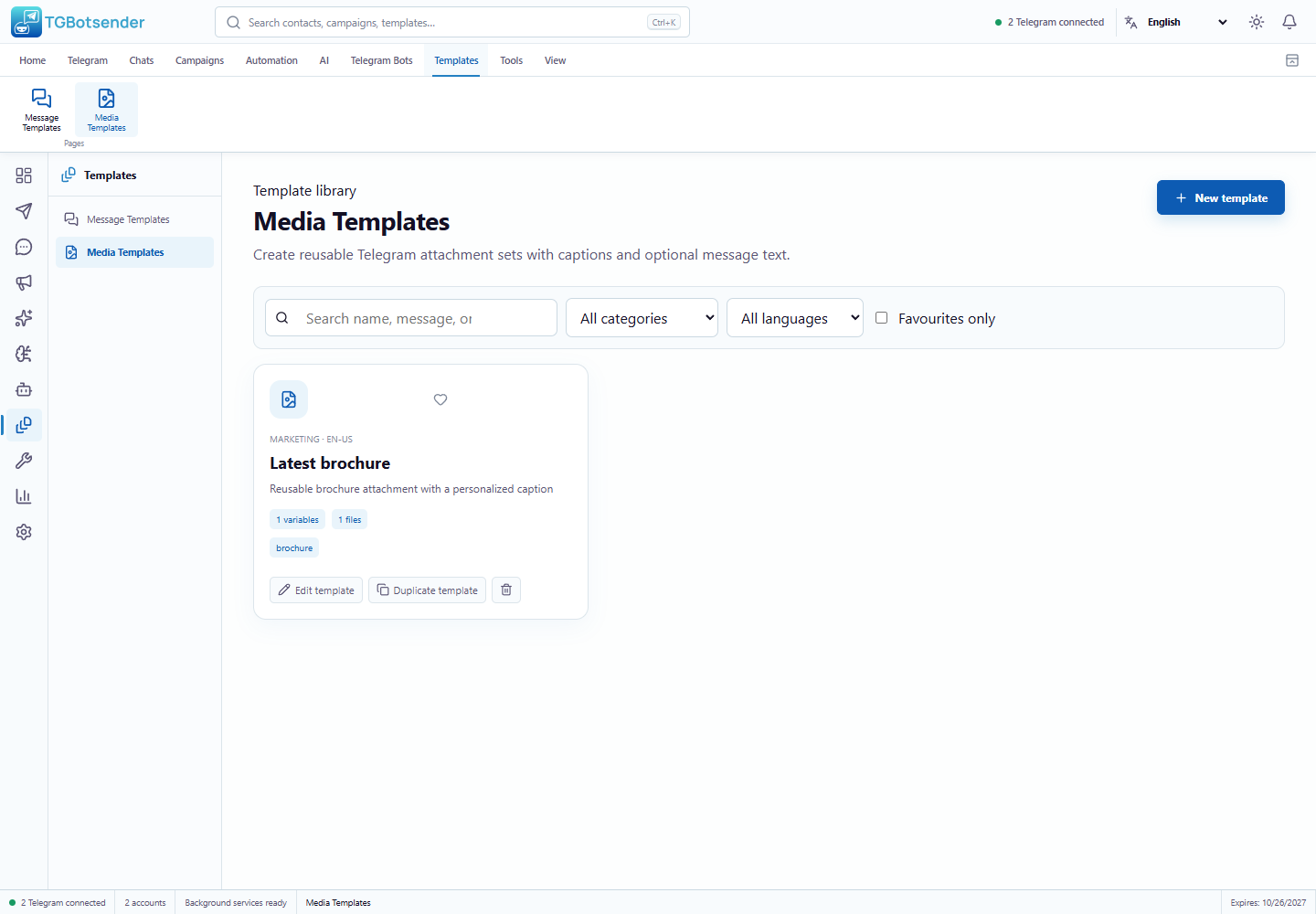 Media templates — current TGBotSender Office interface with sample data