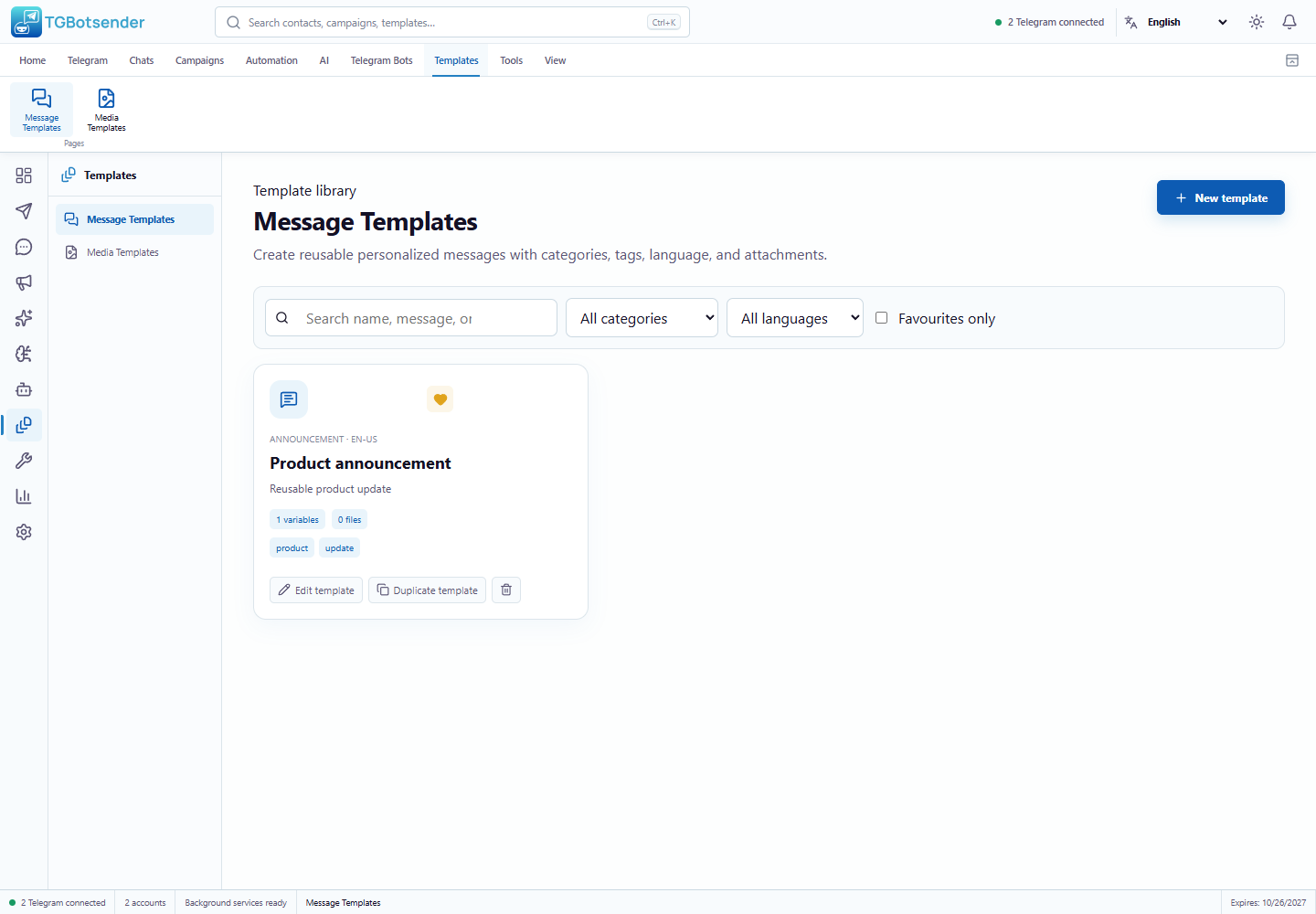 Message templates — current TGBotSender Office interface with sample data