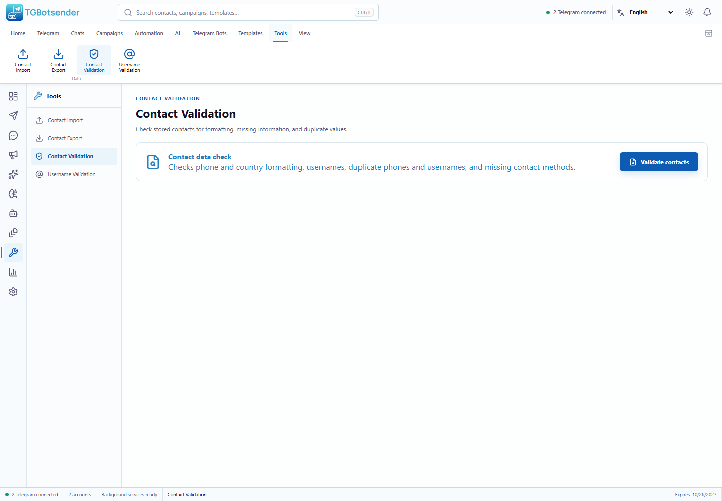 Contact validation — current TGBotSender Office interface with sample data