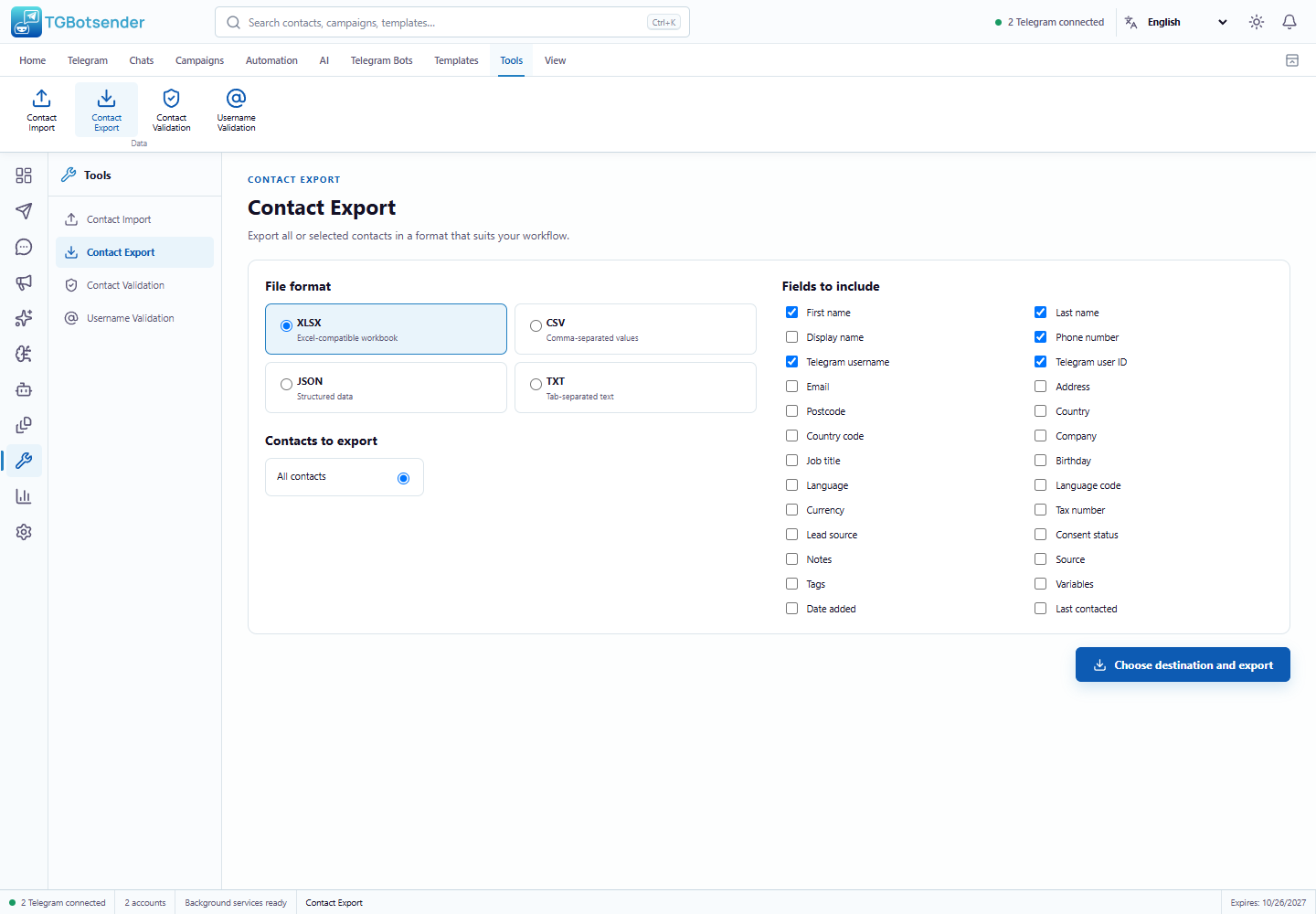 Contact export — current TGBotSender Office interface with sample data
