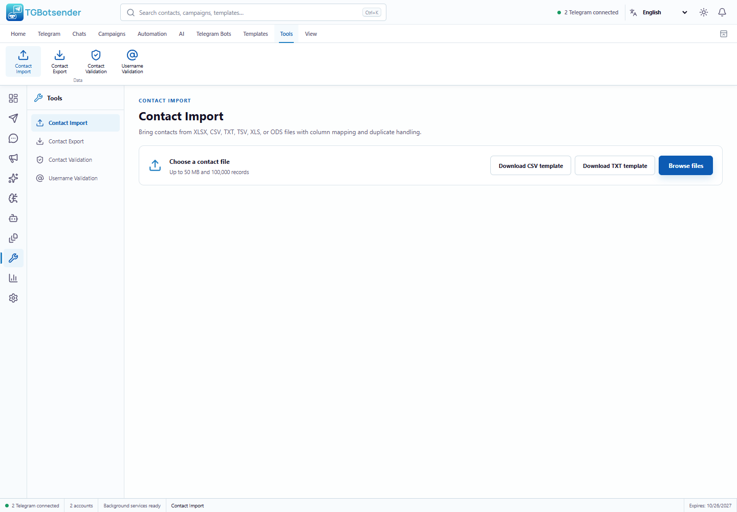 Contact import — current TGBotSender Office interface with sample data