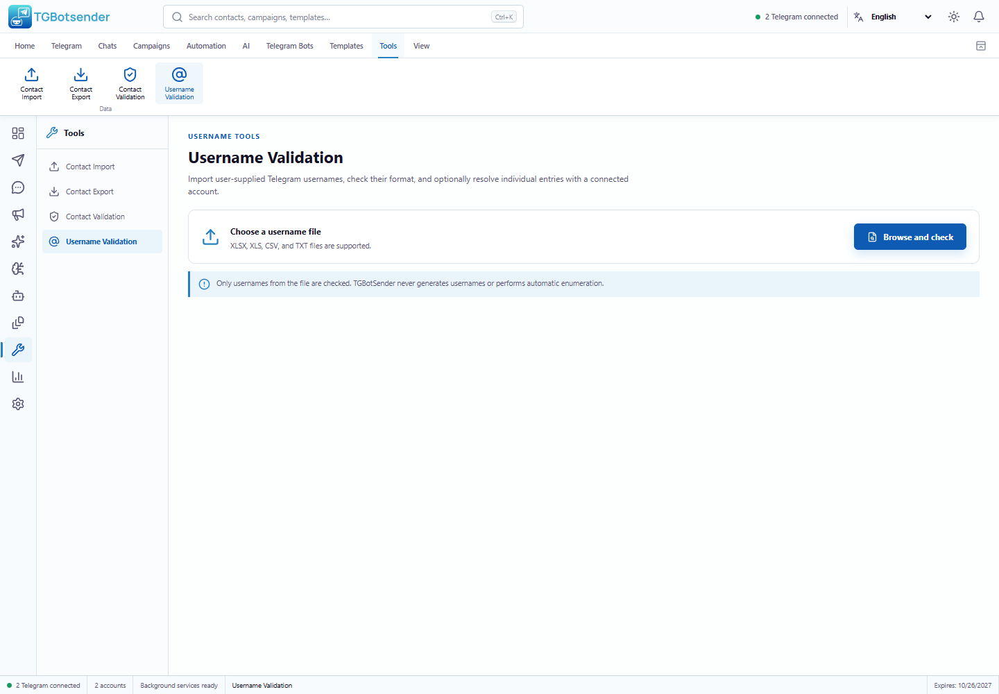 Username validation — current TGBotSender Office interface with sample data